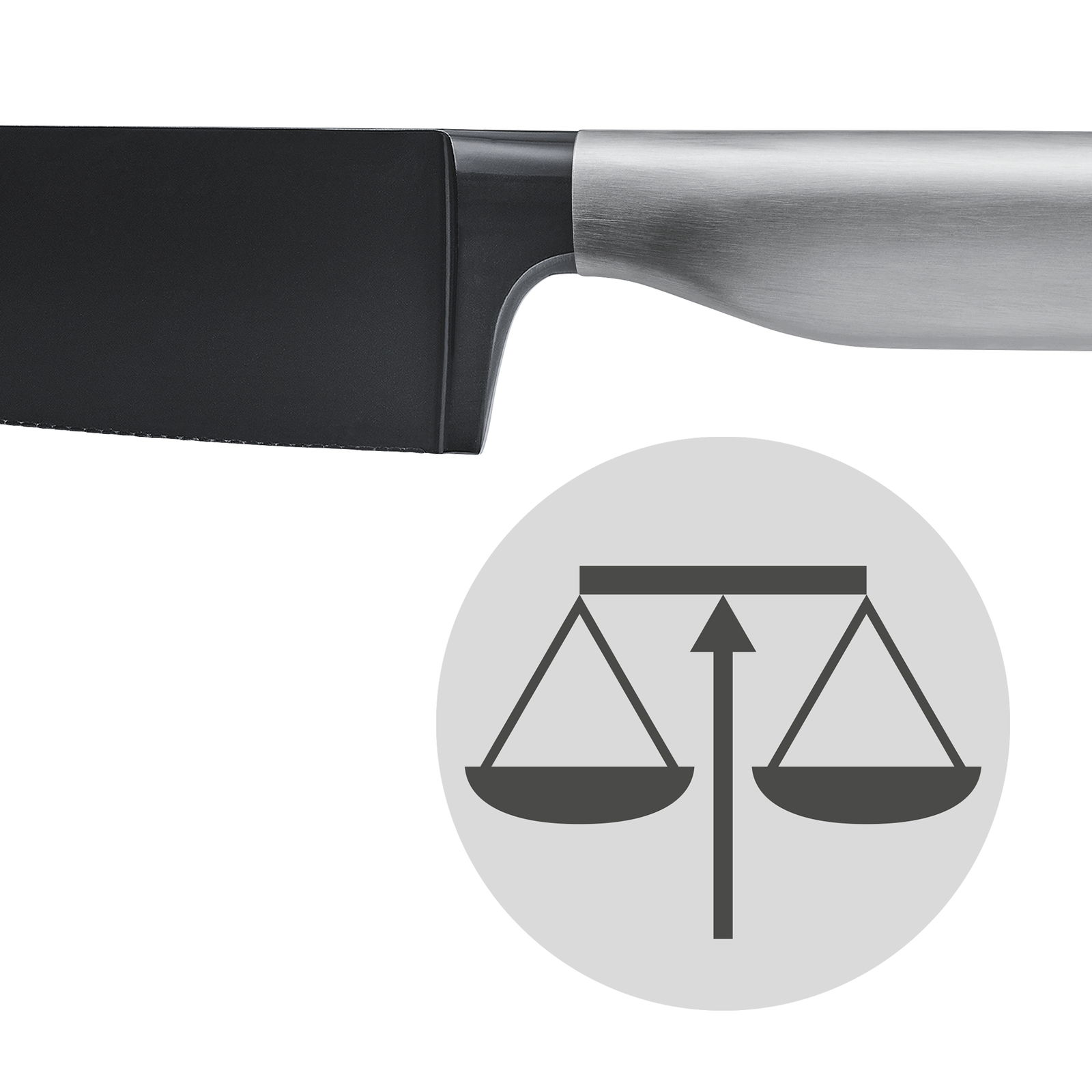 Nahaufnahme eines schwarzen Messers mit ergonomischem Griff, seitliche Perspektive.