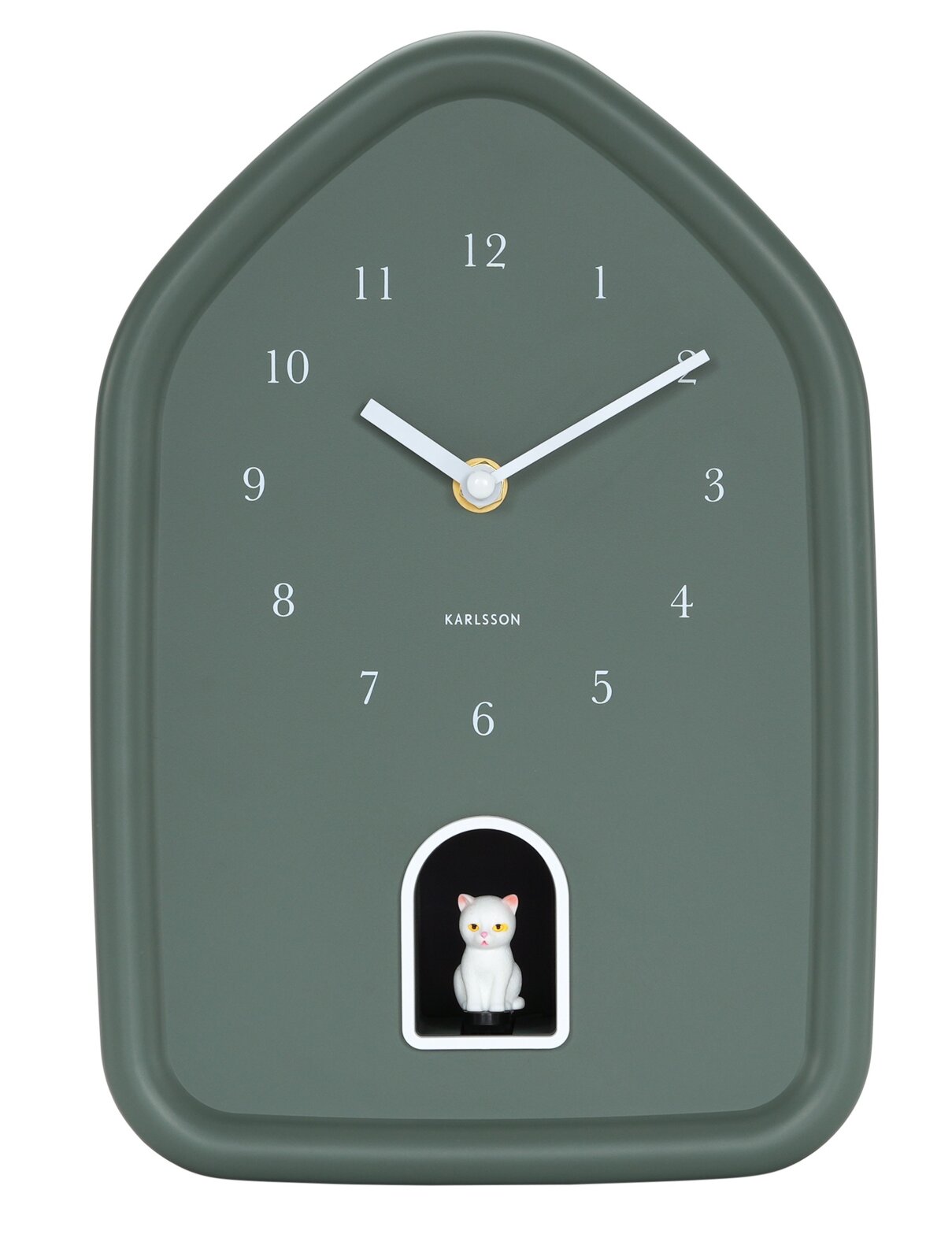 Moderne Wanduhr in Hausform mit grauem Zifferblatt und weißem Kätzchen in einer kleinen Öffnung unten, Frontalansicht.