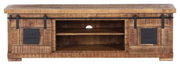 Rustikales TV-Lowboard aus Holz mit Schiebetüren und Metallakzenten, Frontansicht