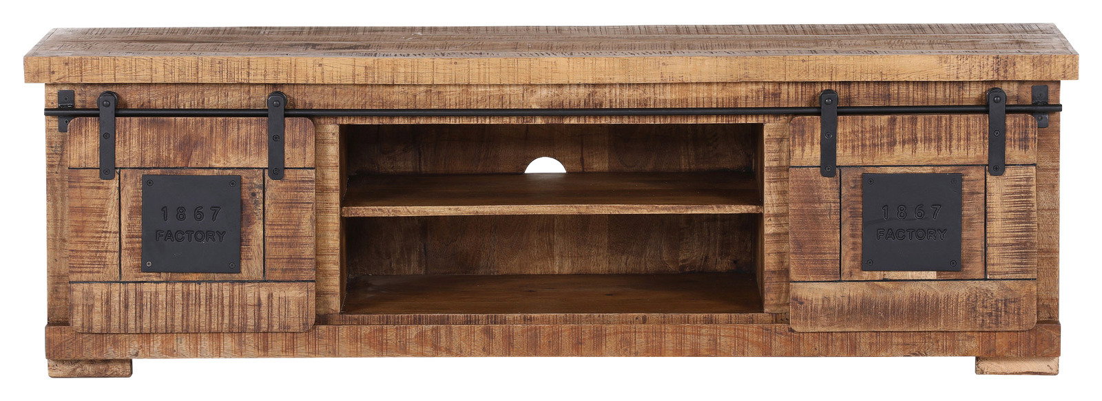 Rustikales TV-Lowboard aus Holz mit Schiebetüren und Metallakzenten, Frontansicht