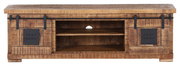 Rustikales TV-Lowboard aus Holz mit Schiebetüren und Metallakzenten, Frontansicht