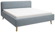 Polsterbett in hellblauem Stoff mit Holzfüßen, seitliche Perspektive