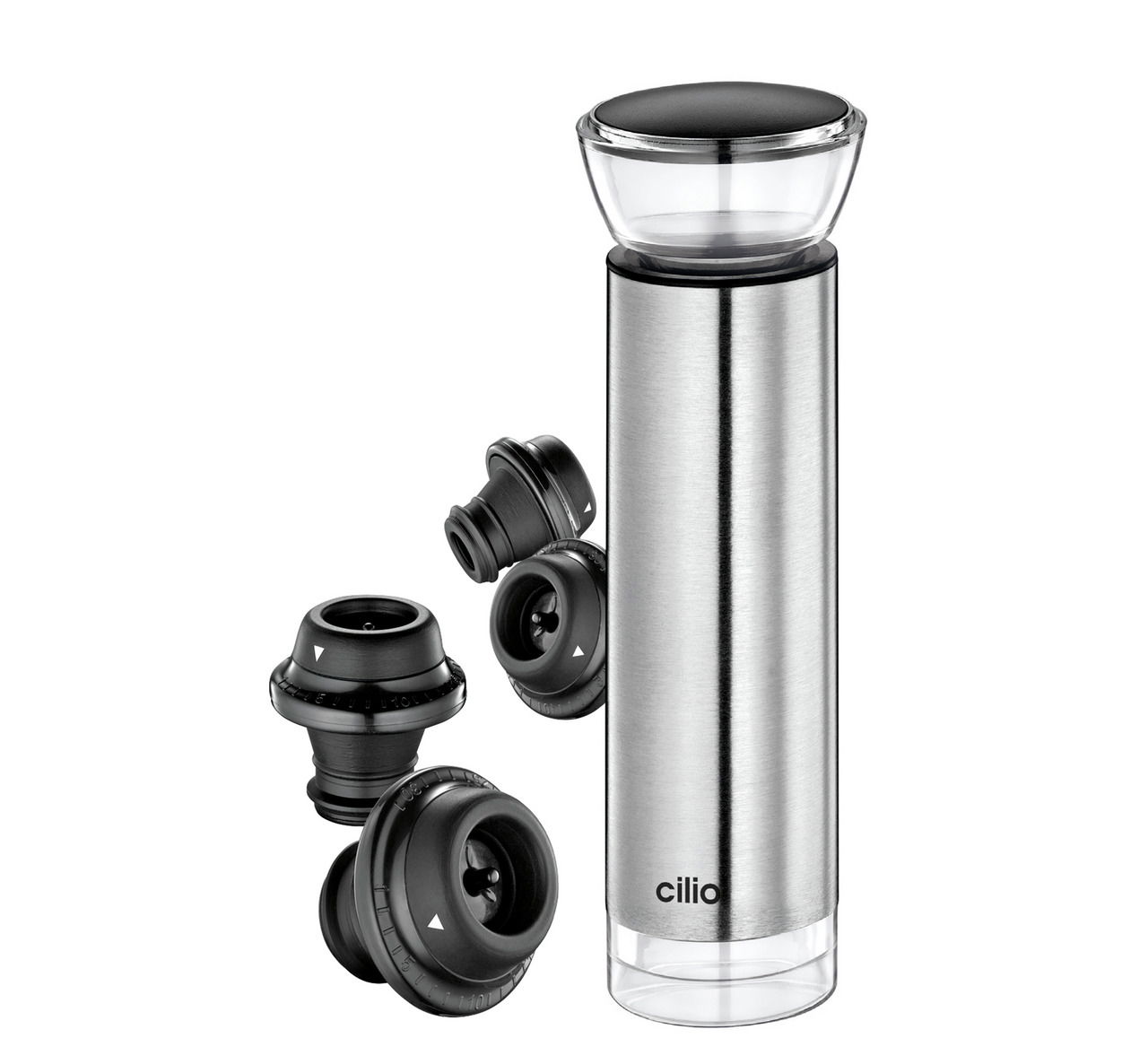 Weinpumpe CAMPANIA aus Edelstahl mit mehreren schwarzen Verschlüssen, seitliche Perspektive