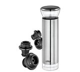 Weinpumpe CAMPANIA aus Edelstahl mit mehreren schwarzen Verschlüssen, seitliche Perspektive