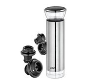 Weinpumpe CAMPANIA aus Edelstahl mit mehreren schwarzen Verschlüssen, seitliche Perspektive