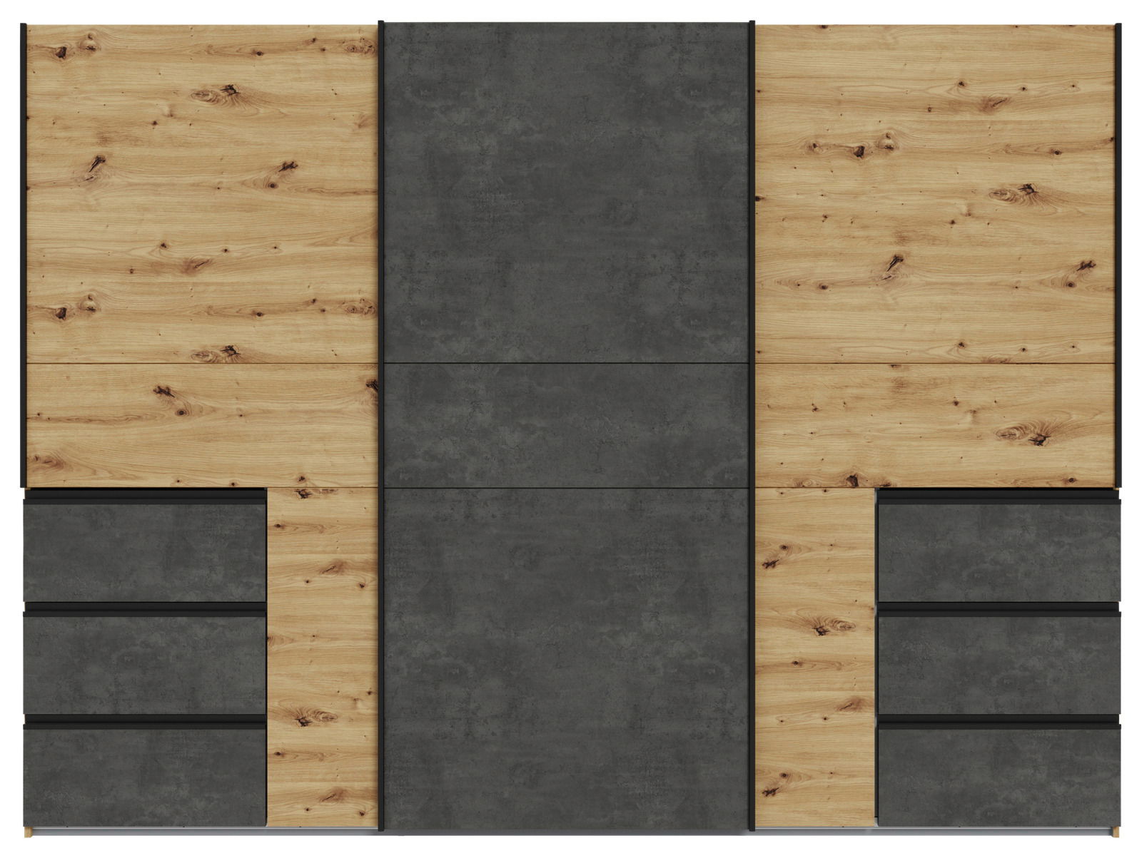 Frontansicht eines dreitürigen Schwebetürenschranks mit Holz- und Betonelementen.