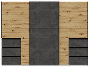 Frontansicht eines dreitürigen Schwebetürenschranks mit Holz- und Betonelementen.