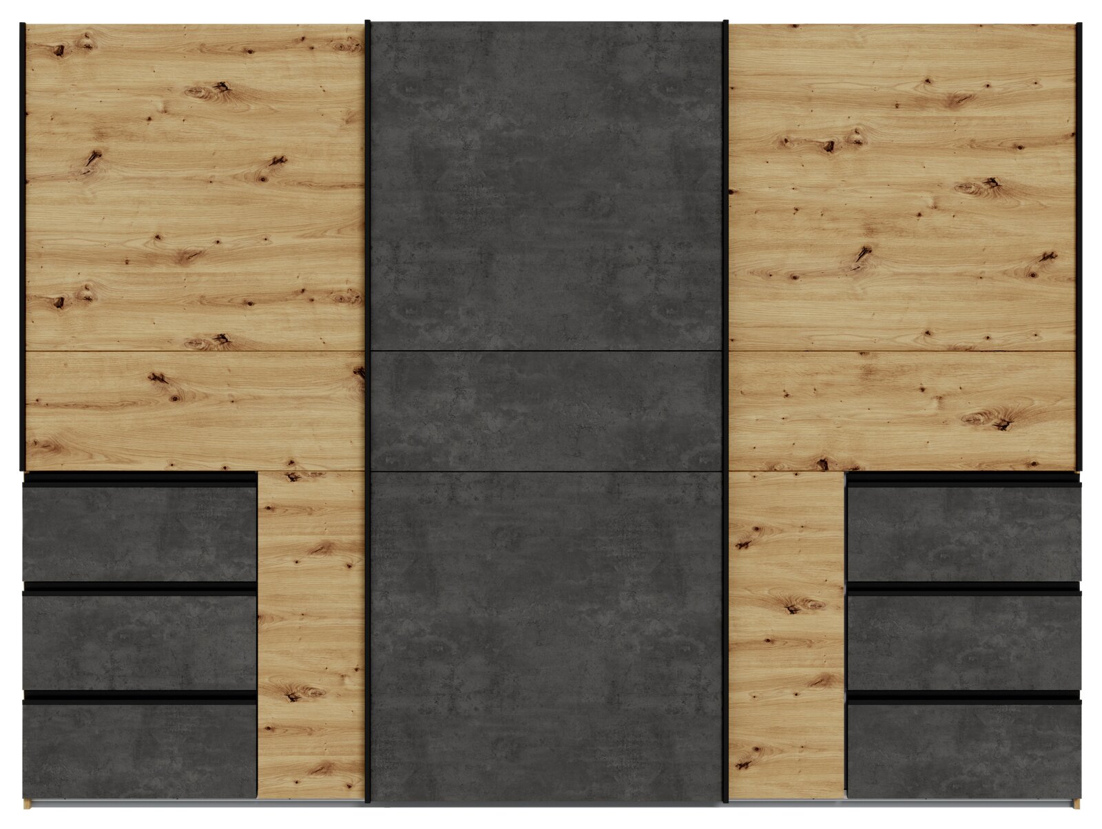 Frontansicht eines dreitürigen Schwebetürenschranks mit Holz- und Betonelementen.