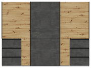 Frontansicht eines dreitürigen Schwebetürenschranks mit Holz- und Betonelementen.