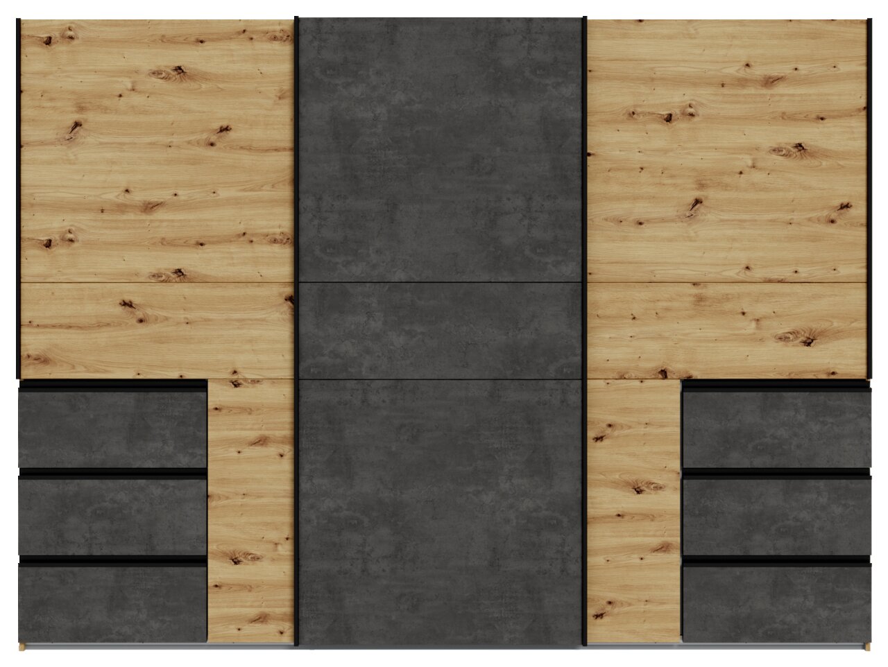 Frontansicht eines dreitürigen Schwebetürenschranks mit Holz- und Betonelementen.