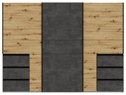 Frontansicht eines dreitürigen Schwebetürenschranks mit Holz- und Betonelementen.
