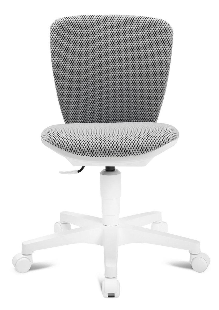 Moderner Kinder- und Jugenddrehstuhl mit grauem Netzbezug und weißem Gestell, Frontalansicht