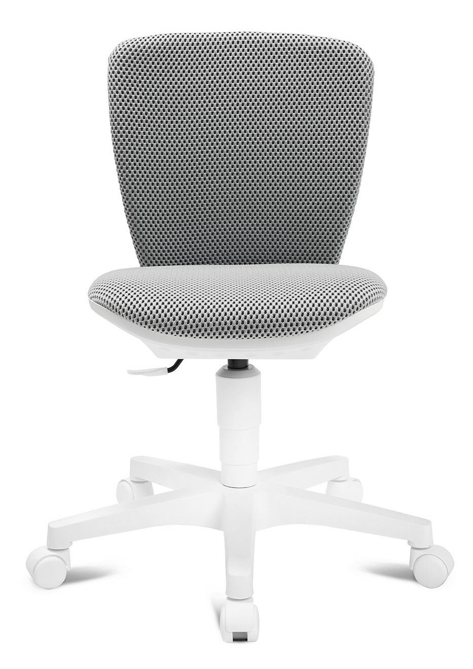 Moderner Kinder- und Jugenddrehstuhl mit grauem Netzbezug und weißem Gestell, Frontalansicht