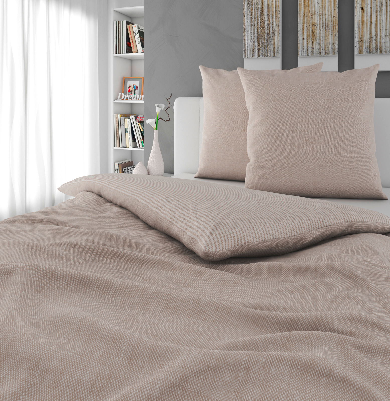 Beige Wendebettwäsche in einem modernen Schlafzimmer, seitliche Perspektive