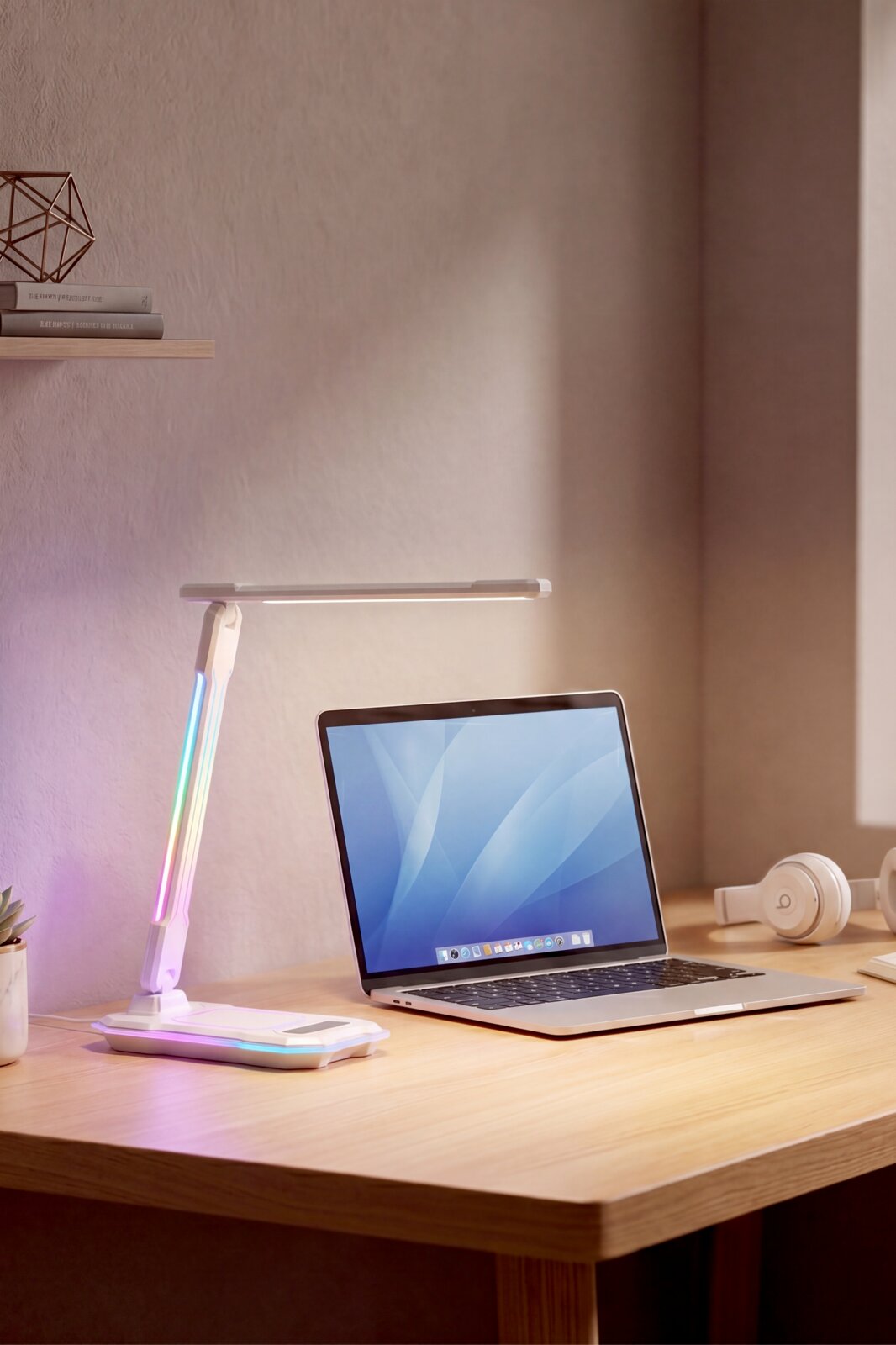 Moderne weiße LED-Schreibtischlampe mit RGB-Lichtstreifen auf Holzschreibtisch neben geöffnetem Laptop und Kopfhörern, fotografiert in seitlicher Perspektive leicht von vorne