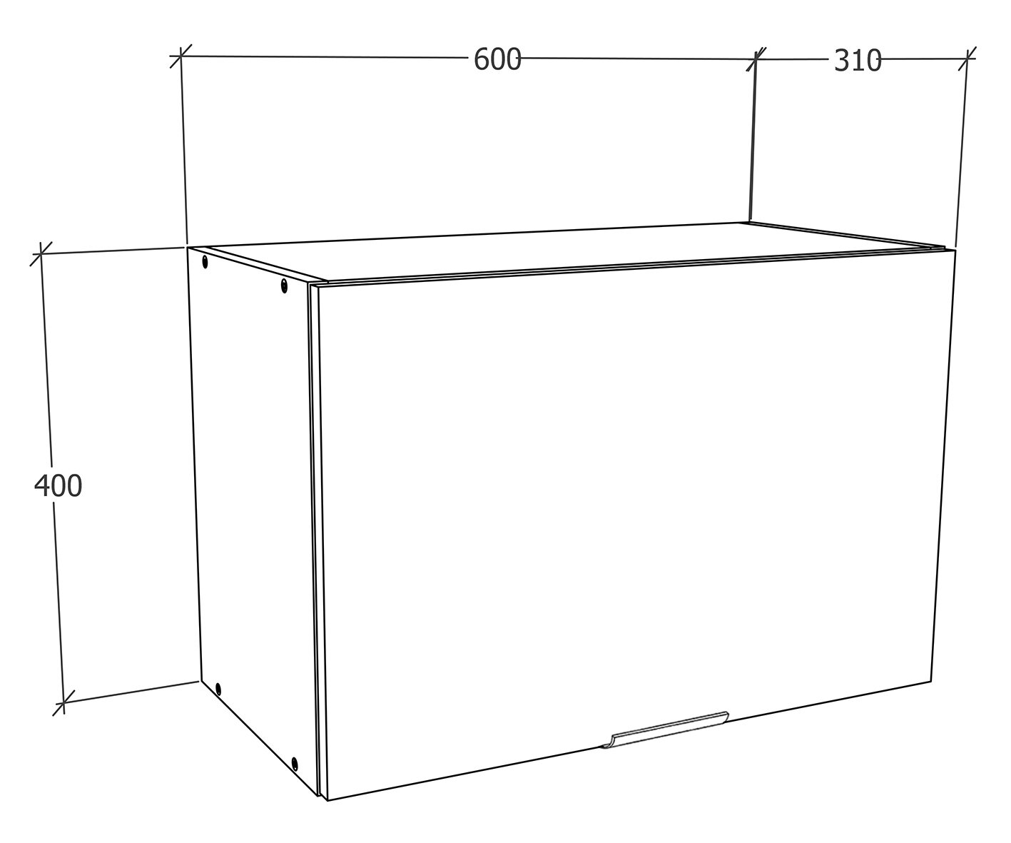 Technische Strichzeichnung eines rechteckigen Wand-Hängeschranks/Regals mit Klappe, Maße ca. 600 mm Breite, 310 mm Tiefe und 400 mm Höhe, dargestellt in schräger Frontansicht (3/4-Perspektive).