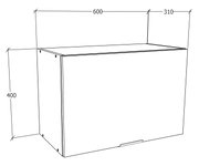 Technische Strichzeichnung eines rechteckigen Wand-Hängeschranks/Regals mit Klappe, Maße ca. 600 mm Breite, 310 mm Tiefe und 400 mm Höhe, dargestellt in schräger Frontansicht (3/4-Perspektive).