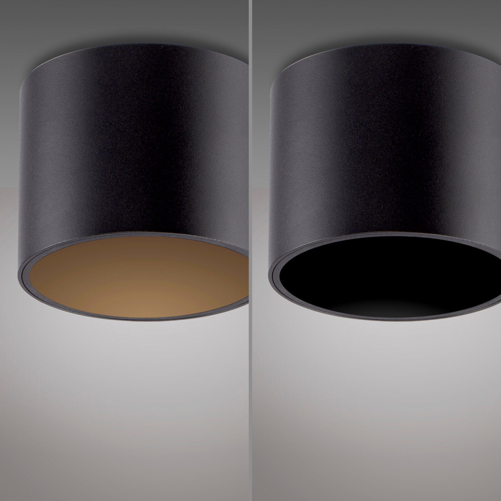 Zwei schwarze zylindrische LED-Deckenleuchten von Neuhaus Pure, Modell PURE POINT, aus der Seitenperspektive.