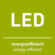 Grünes Schild mit der Aufschrift 'LED' und 'energieeffizient', Vorderansicht