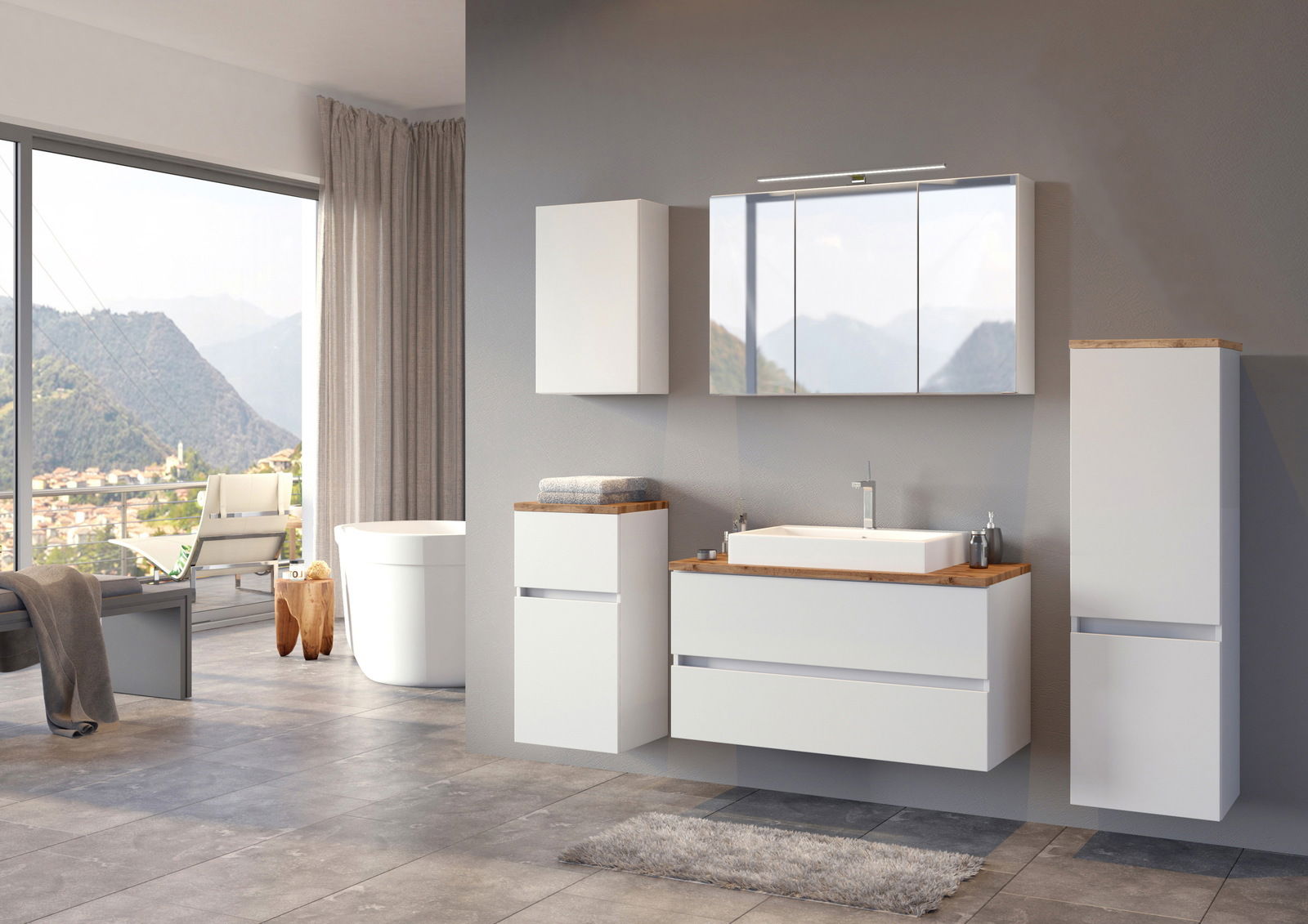 Moderne Badezimmeransicht mit einem weißen Unterschrank, Waschbecken und Spiegel, seitliche Perspektive.