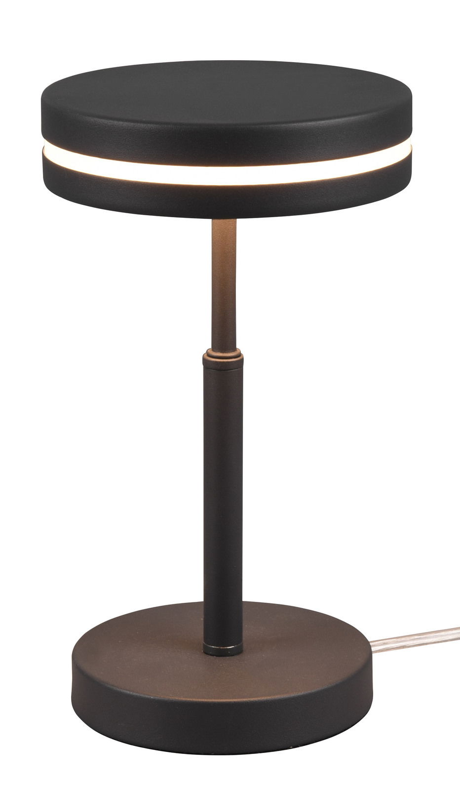 Moderne LED-Tischleuchte FRANKLIN, 6W, in schwarzem Design mit leuchtendem Ring, seitliche Perspektive