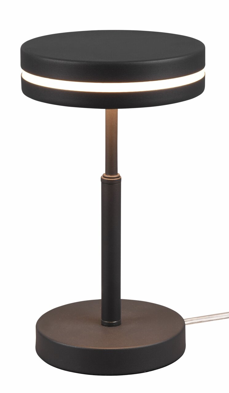Moderne LED-Tischleuchte FRANKLIN, 6W, in schwarzem Design mit leuchtendem Ring, seitliche Perspektive