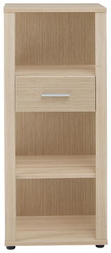 Frontansicht eines niedrigen Aktenregals mit einem offenen Fach und einer Schublade in Holzoptik.