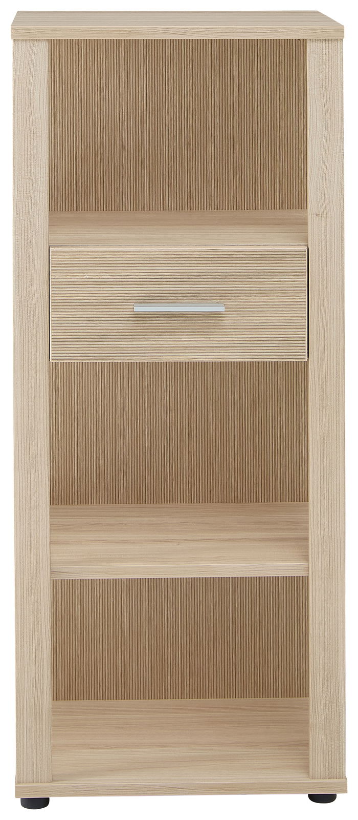 Frontansicht eines niedrigen Aktenregals mit einem offenen Fach und einer Schublade in Holzoptik.