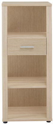 Frontansicht eines niedrigen Aktenregals mit einem offenen Fach und einer Schublade in Holzoptik.