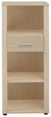 Frontansicht eines niedrigen Aktenregals mit einem offenen Fach und einer Schublade in Holzoptik.