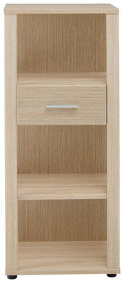 Frontansicht eines niedrigen Aktenregals mit einem offenen Fach und einer Schublade in Holzoptik.