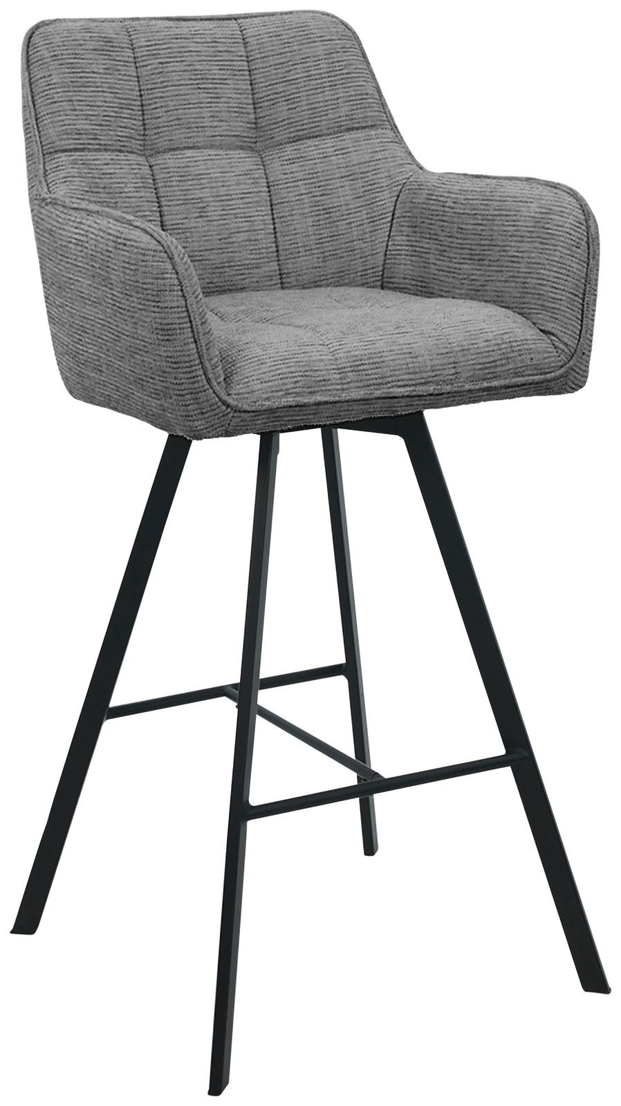 Z2 Barhocker ALOIS Grauer Barhocker mit gepolsterter Sitzfläche und Rückenlehne, schwarzes Metallgestell, seitliche Perspektive