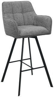 Grauer Barhocker mit gepolsterter Sitzfläche und Rückenlehne, schwarzes Metallgestell, seitliche Perspektive