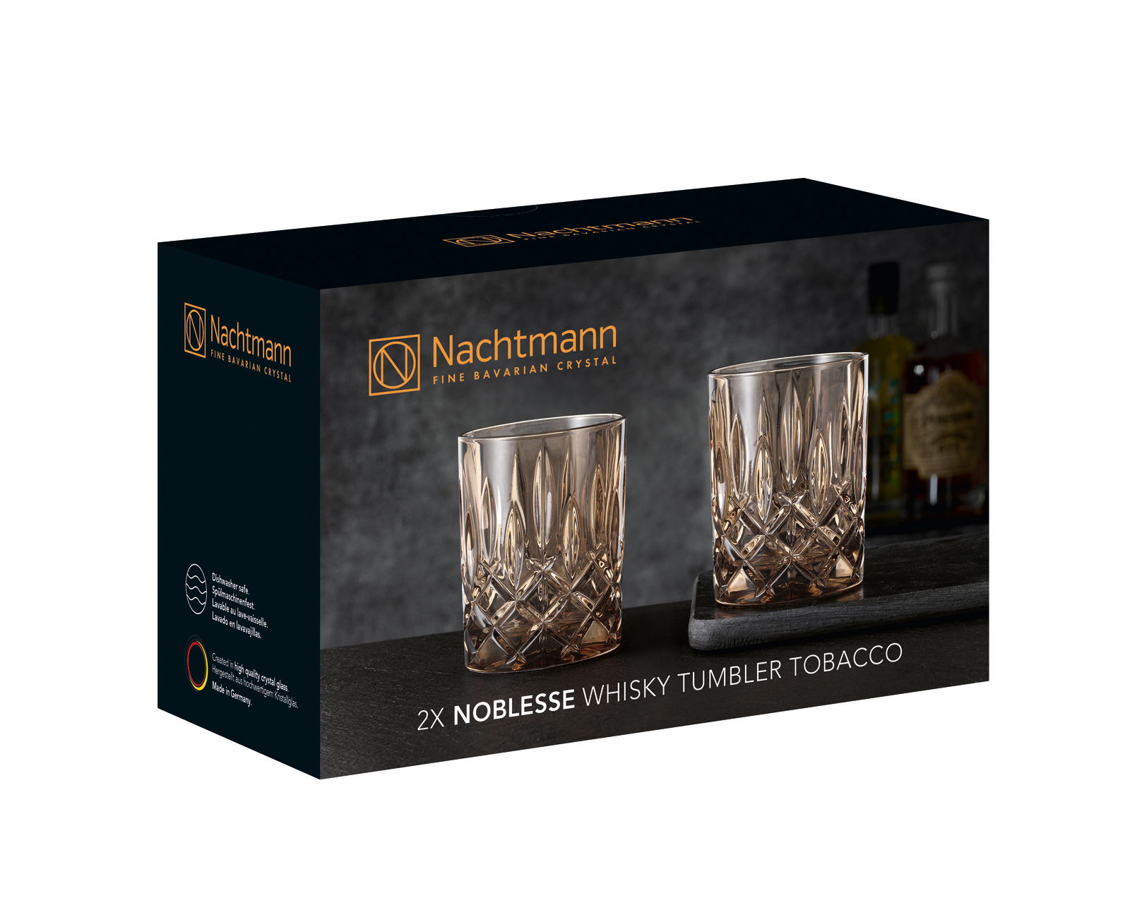 Verpackung des 2er-Sets Nachtmann Noblesse Whiskybecher in der Farbe Tobacco, seitliche Perspektive