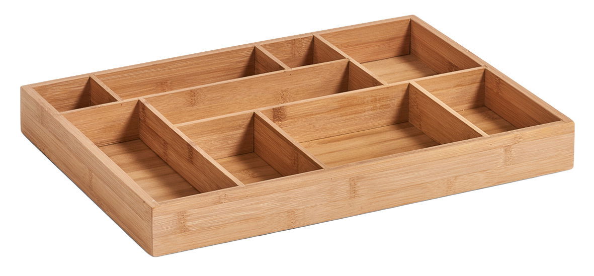 Schubladen-Organizer aus Holz mit mehreren Fächern, perspektivisch von oben fotografiert.