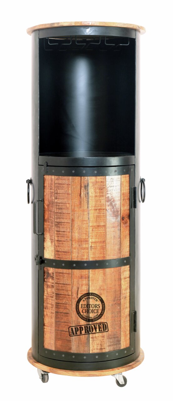 Runder Barschrank aus Holz und Metall mit Rollen, Vorderansicht