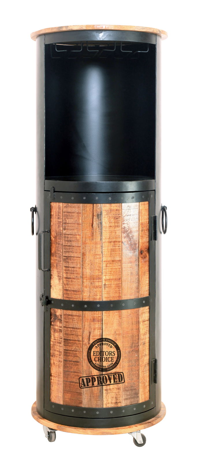 Landscape Barschrank IRON Runder Barschrank aus Holz und Metall mit Rollen, Vorderansicht