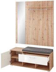 Kompaktgarderobe aus Holz mit Spiegel, Kleiderhaken, Sitzbank und Stauraum, frontale Ansicht