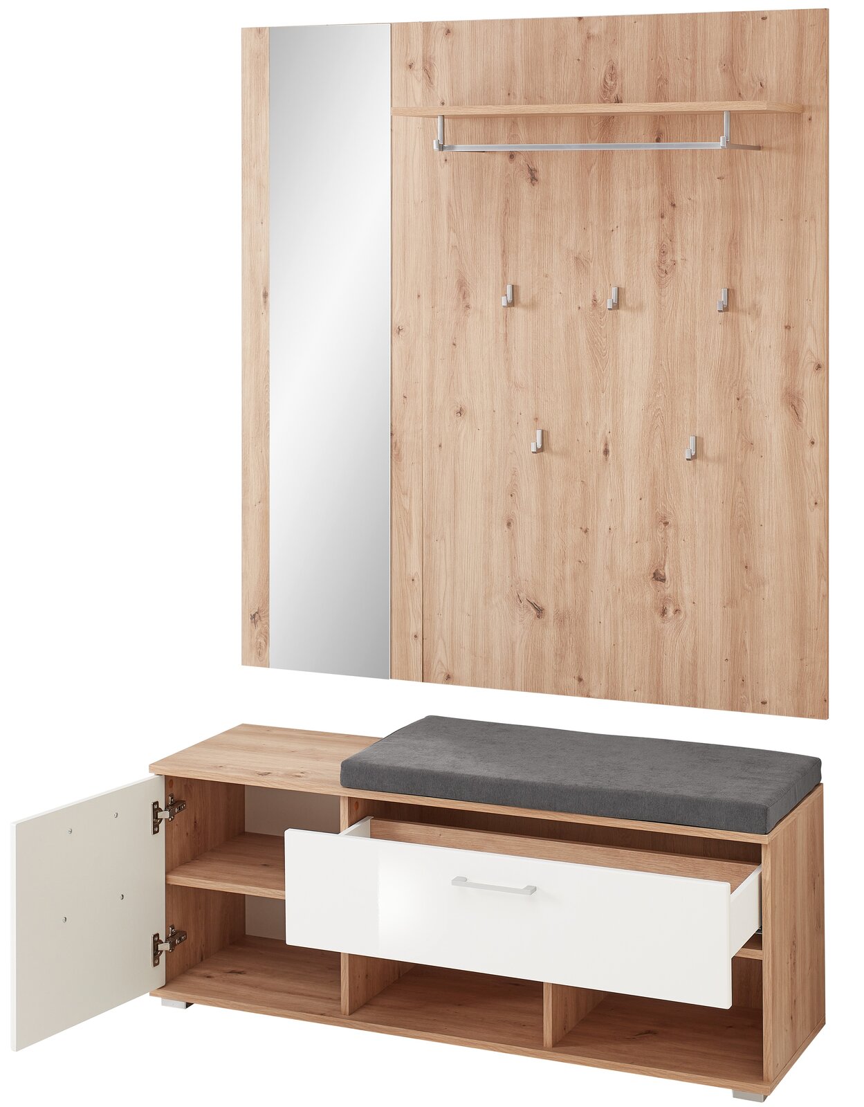 Kompaktgarderobe aus Holz mit Spiegel, Kleiderhaken, Sitzbank und Stauraum, frontale Ansicht