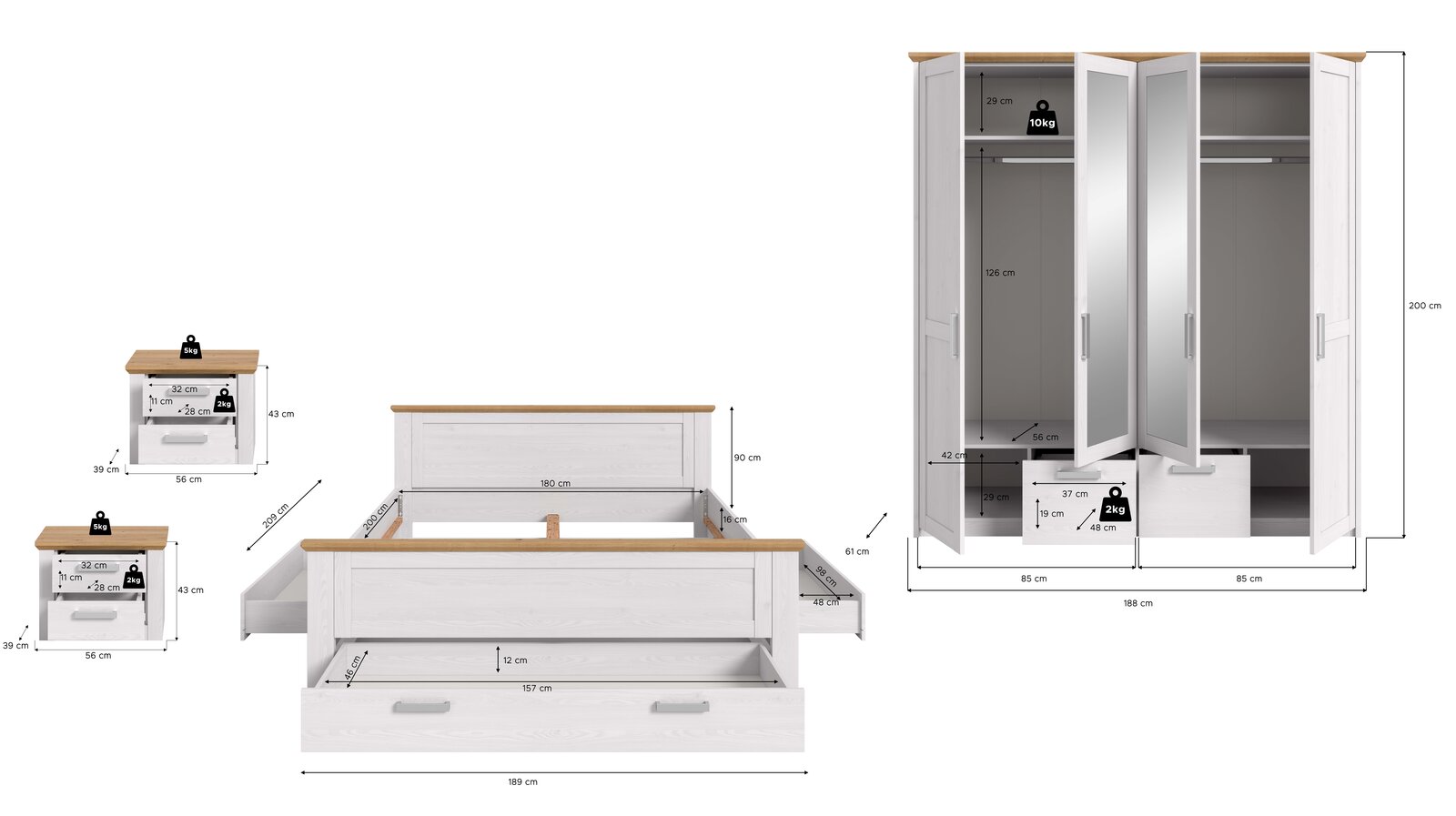 Maßskizze eines Schlafzimmermöbel-Sets in Weiß mit Holzoptik-Oberplatte: Doppelbett mit Bettkasten/Schublade und zwei Nachttischen sowie 4-türigem Kleiderschrank mit Spiegeln, Frontansicht mit geöffneten Türen und eingezeichneten Maßen.