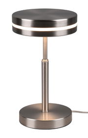 Moderne LED-Tischleuchte FRANKLIN, 6W, in gebürstetem Metall mit rundem Lampenschirm und Sockel, seitliche Perspektive