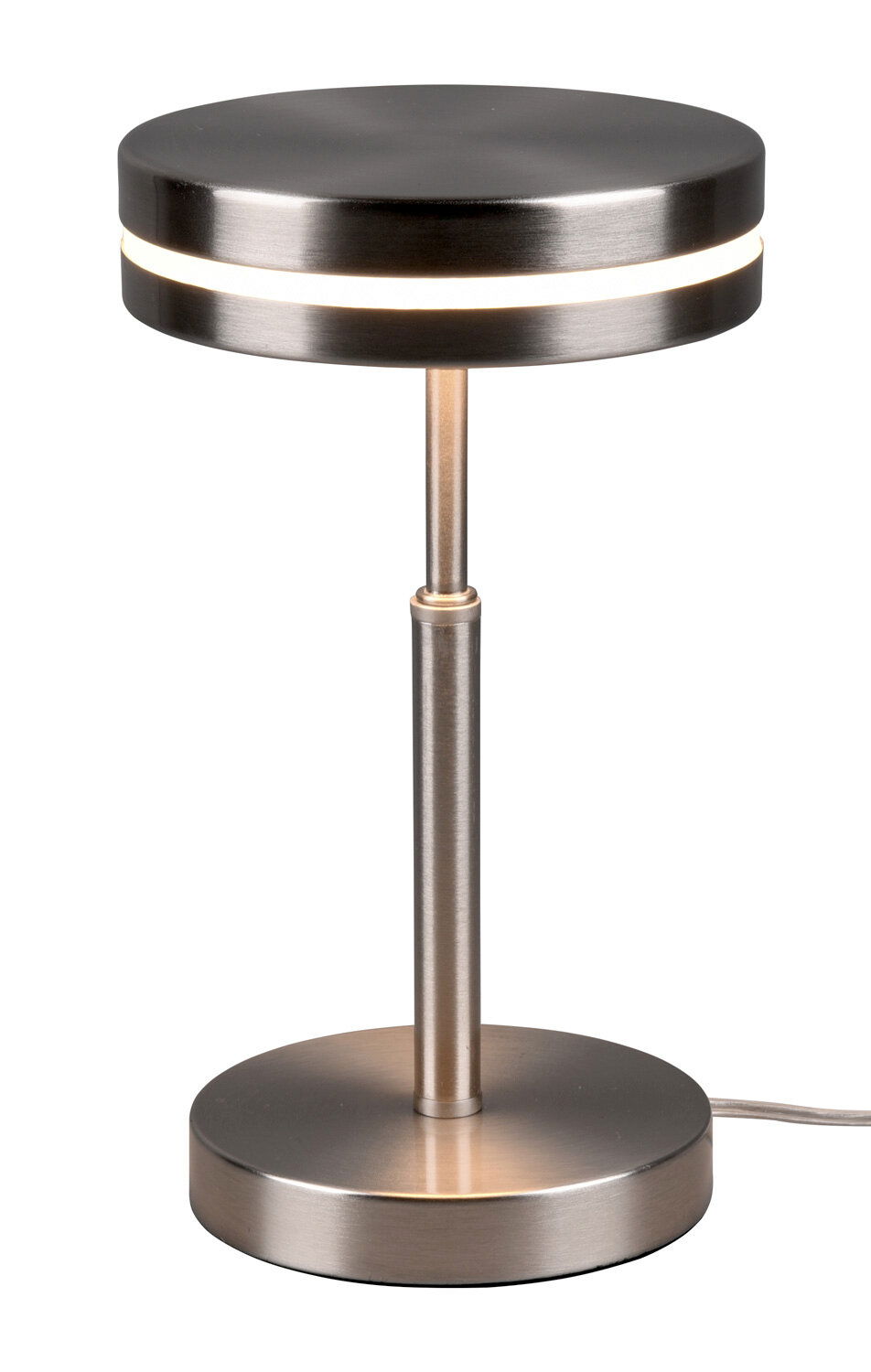 Moderne LED-Tischleuchte FRANKLIN, 6W, in gebürstetem Metall mit rundem Lampenschirm und Sockel, seitliche Perspektive