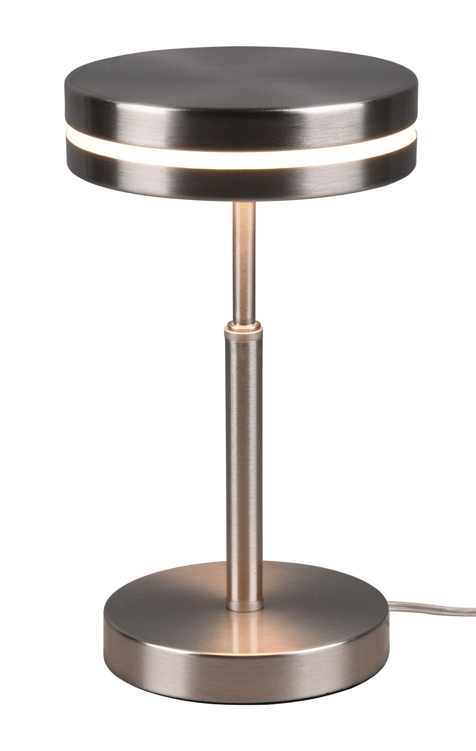 Moderne LED-Tischleuchte FRANKLIN, 6W, in gebürstetem Metall mit rundem Lampenschirm und Sockel, seitliche Perspektive