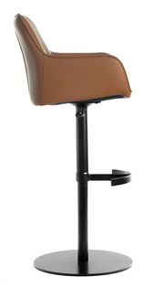 Seitenansicht eines modernen Barhockers mit braunem Sitz und schwarzem Metallgestell.