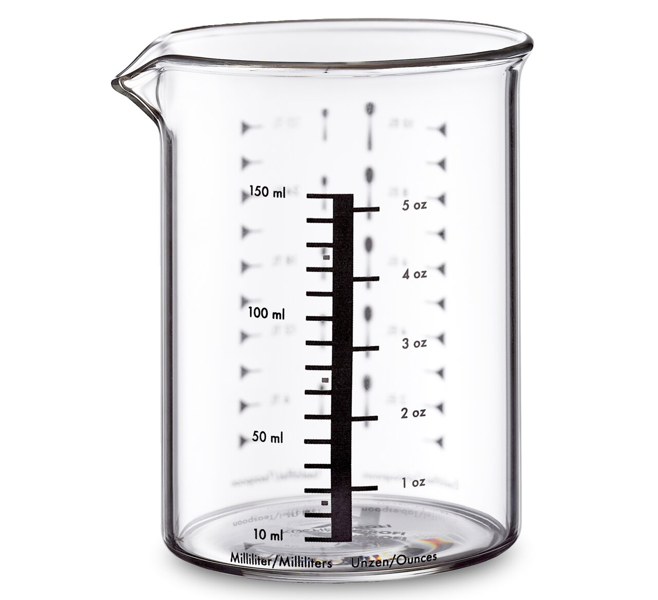 Messbecher aus Glas mit 150 ml Fassungsvermögen, seitliche Ansicht