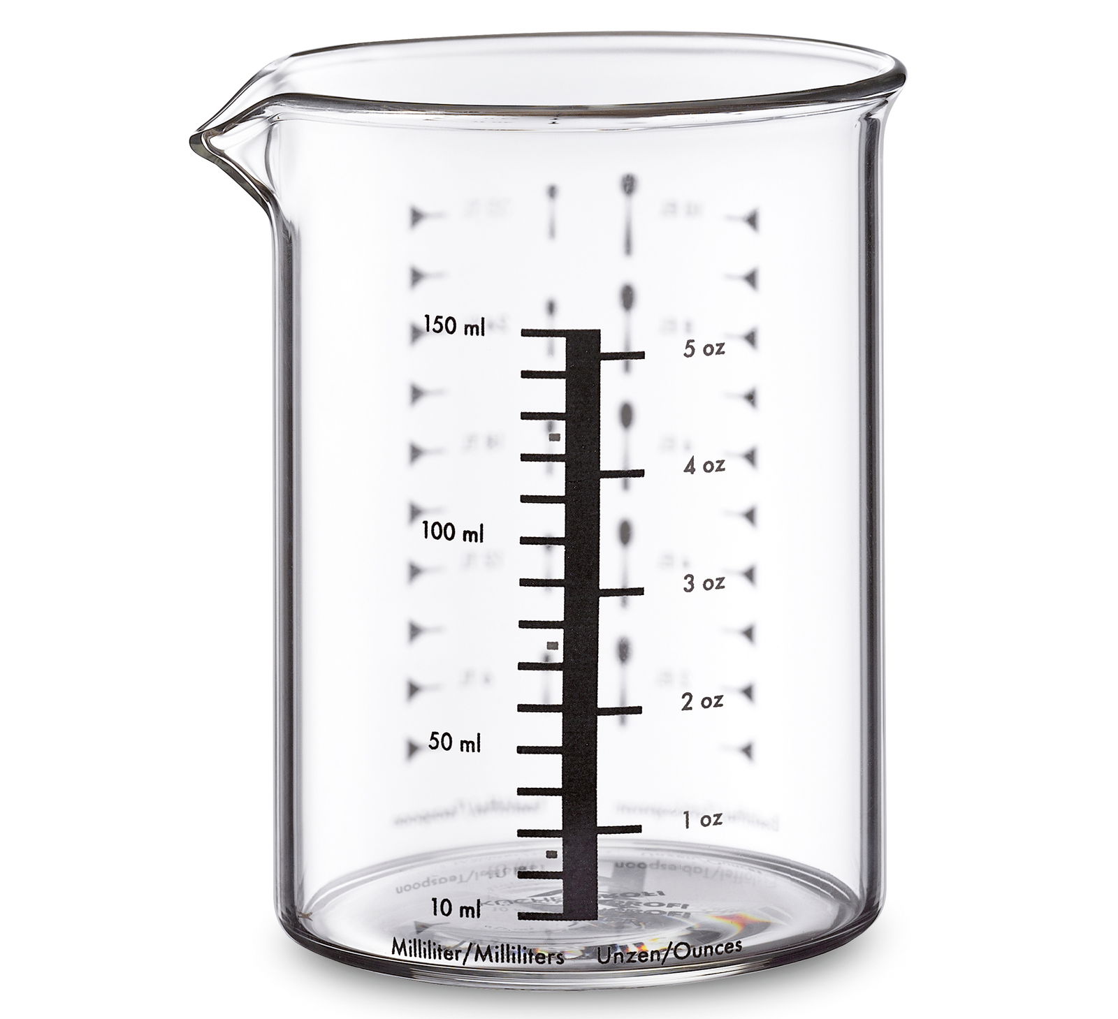 Messbecher aus Glas mit 150 ml Fassungsvermögen, seitliche Ansicht