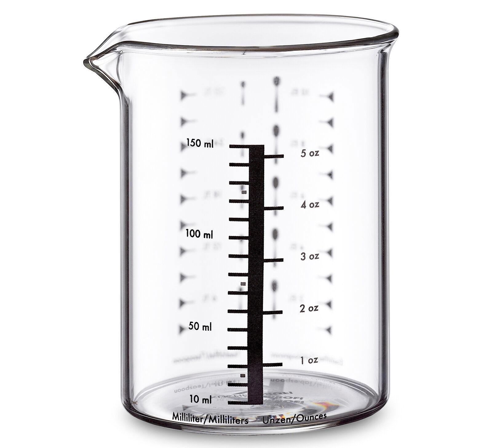 Messbecher aus Glas mit 150 ml Fassungsvermögen, seitliche Ansicht