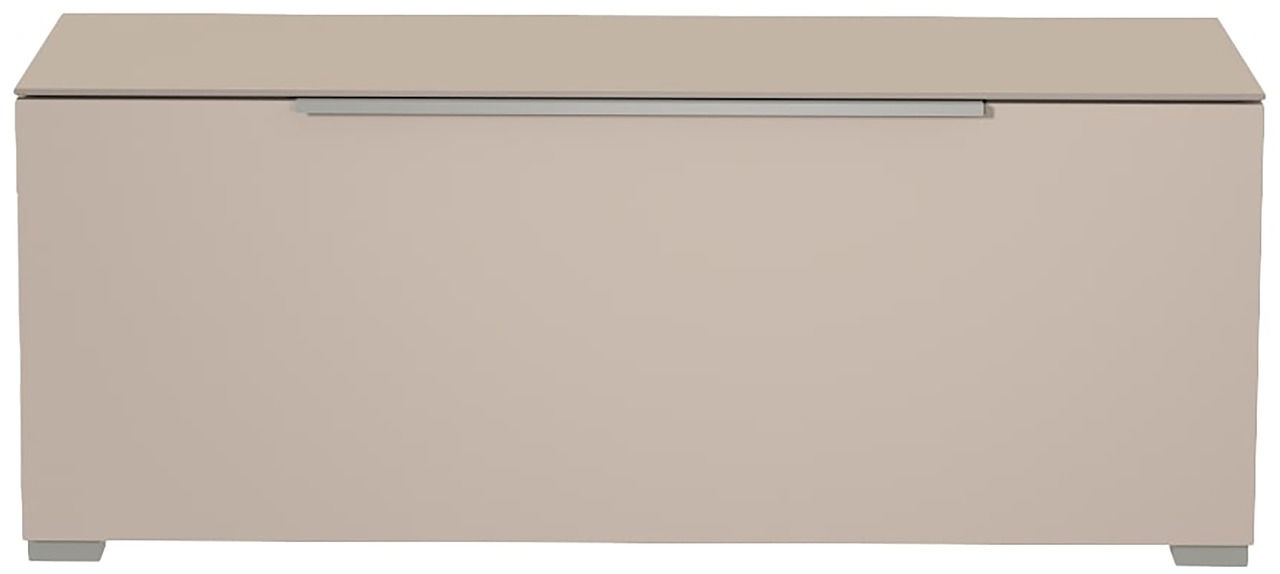 Moderano TV-Lowboard BORMIO Frontansicht eines modernen, beigen TV-Lowboards mit schlichtem Design und silbernem Griff.