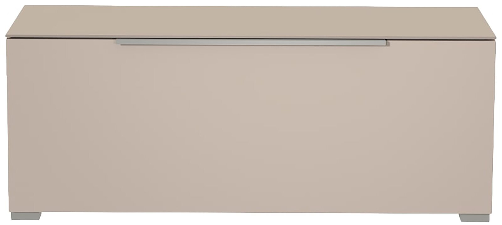 Frontansicht eines modernen, beigen TV-Lowboards mit schlichtem Design und silbernem Griff.