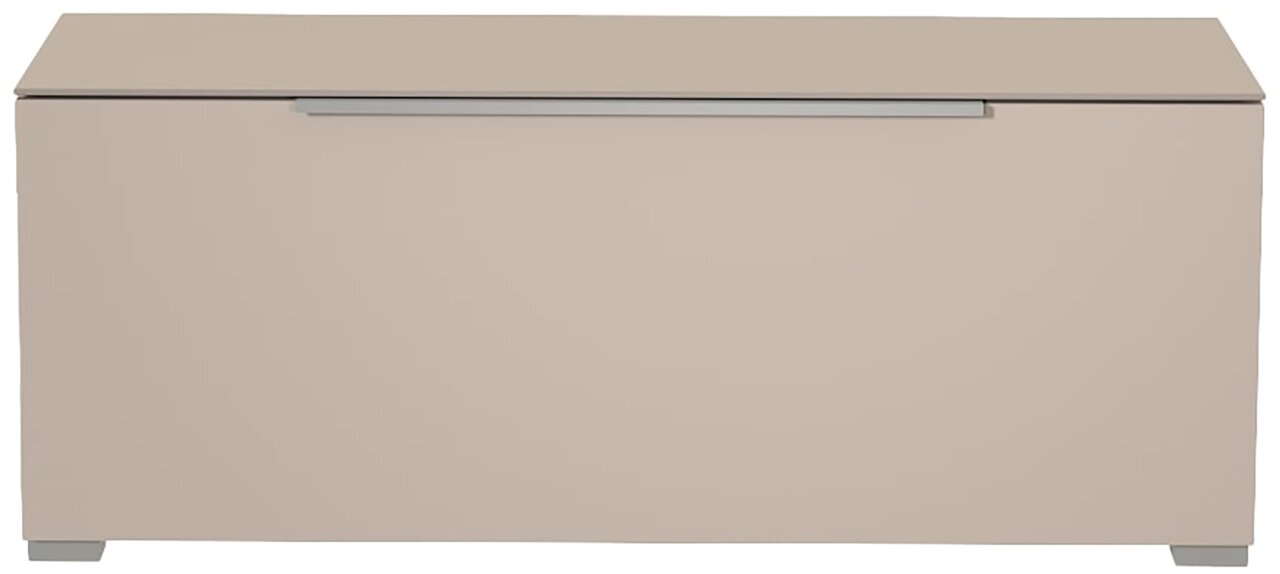 Vooraanzicht van een modern, beige tv-lowboard met een strak ontwerp en een zilveren handgreep.
